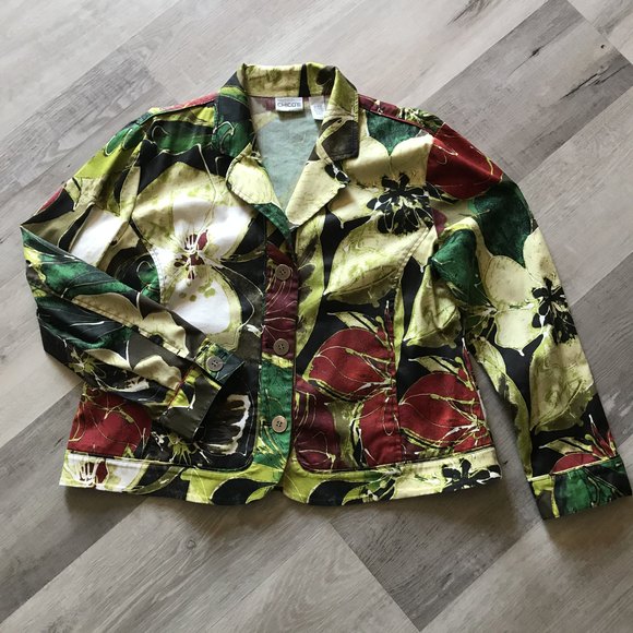 CHICO'S Allover Floral Plant Print Blazer Jacket Long Sleeve sz 2/L/12 - Picture 1 of 6